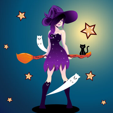 
purple witch with black cat and ghost cats for halloween