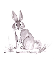 rabbit among the grass, ink painting on rice paper