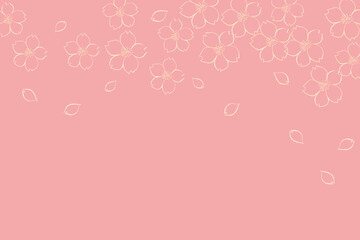 桜と桜の花びらの線画イラスト　ピンク背景