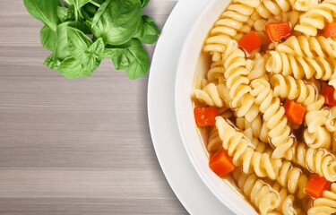 Italian Summer Salad with Pasta on plate. Fresh and healthy summer food