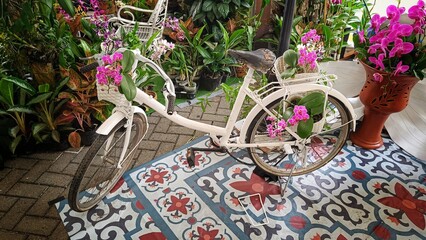 Fototapeta na wymiar Classic white bicycle in the middle of an orchid garden for decoration