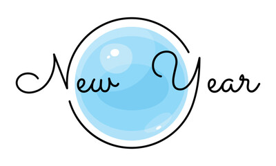 Vector black lines around a round Christmas toy for poster, brochure, banner, card. Handwritten letters and a blue ball with highlights isolated on white background. Happy New Year