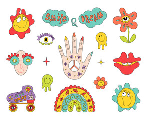 Vector doodle set of positive retro design elements.Emoji,roller skate,hand,peace sign,rainbow,flower.Hippie collection.