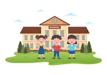 Obraz na płótnie Canvas Students Leave School Building After Class or Program and Back to Home in Template Hand Drawn Cartoon Flat Style Illustration
