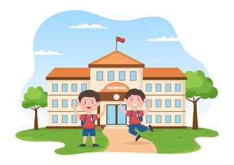 Obraz na płótnie Canvas Students Leave School Building After Class or Program and Back to Home in Template Hand Drawn Cartoon Flat Style Illustration