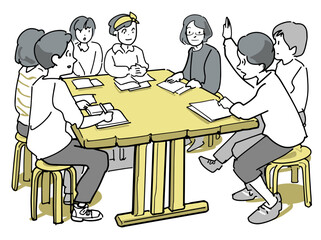 子供達の机を囲んでの会議