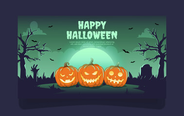 Halloween banner template, scary night background with spooky face pumkin