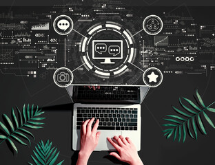 Social media theme with person using a laptop