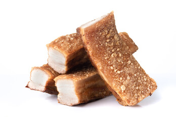 Slide pork belly or streaky pork on white background,deep fried pork