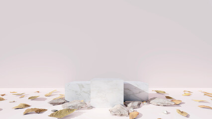 3d podium state product display minimal. geometric platform with white background stand show cosmetic product on podium 3d abstract and leaf, stone, natural. Mock up for the exhibitions 3d rendering