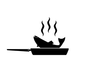 Fried Fish on Frying Pan for Logo, Pictogram, Art Illustration, Website, Apps or Graphic Design Element. Vector Illustration