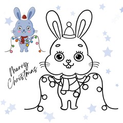 Chrismas bunny coloring page. On white backgound , printable with good qualtiy.