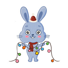 Chrismas bunny with colorful lights on transperent backgound. Good for media decoration.