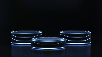 Black pedestals with a light glow futuristic style for product show. 