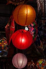 Vibrant colored Aakash Kandils (Chinese Lamps) during Diwali celebration in Pune city, India.
