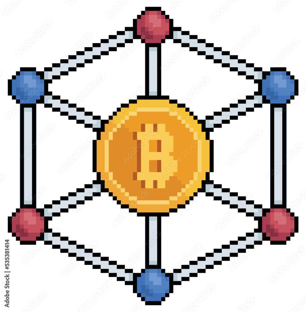 Poster pixel art bitcoin network, cryptocurrency network vector icon for 8bit game on white background
