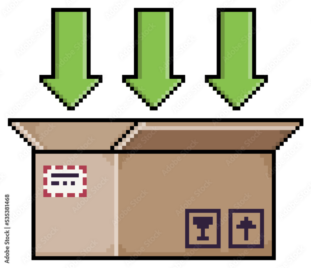 Poster pixel art open box with green arrows cardboard box vector icon for 8bit game on white background