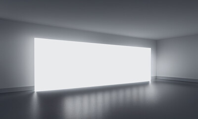 Empty frames in dark room. Abstract interior blank wall frames for presentation or advertisement. 3D rendering image.
