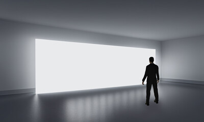 Businessman watching frame in dark room. Abstract interior blank wall frames for presentation or advertisement. 3D rendering image.