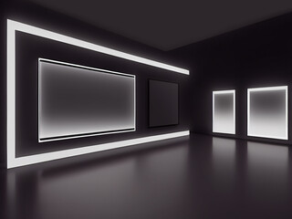 Empty frames in gallery. Abstract interior blank wall frames for presentation or advertisement. 3D rendering image.