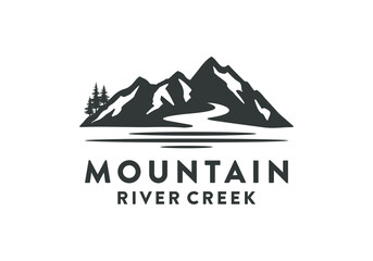 Mountain landscape hills peak and lake river creek logo design template