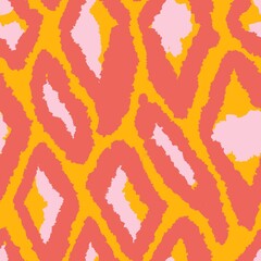 Hand drawn seamless pattern with geometric abstract shapes in red orange yellow colors. Mid century modern background for fabric print wallpaper wrapping paper. Contemporary trendy fluid design.
