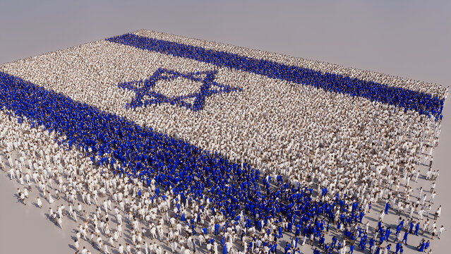 A Crowd Of People Congregating To Form The Flag Of Israel. Israeli Banner On White.