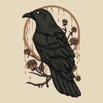 recommend clip art: Vector Illustration Raven Perch on The Flower Branch With Flower Vintage Illustration