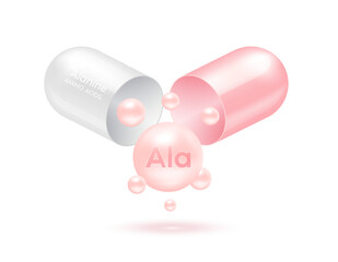 Alanine amino acid float out of the capsule. Vitamins complex and minerals pink isolated on white background. For food supplement ad package design. Science medic concept. 3D Vector EPS10.