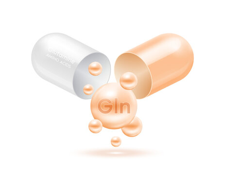 Glutamine amino acid float out of the capsule. Vitamins complex and minerals cream isolated on white background. For food supplement ad package design. Science medic concept. 3D Vector EPS10.