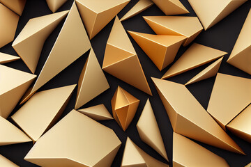 3d random triangles shapes in gold, black, white background