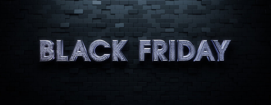 Black Friday Banner with Mosaic, Glossy 3D Lettering against Offset Rectangle tiles. Luxury Background with copy-space.