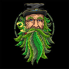 colorful Cannabis farmer wearing a hat smoking weed with his hair and beard covered in marijuana leaves for t shirt design