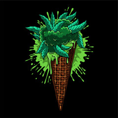 colorful Ice cream cone shaped with marijuana leaves on top and blotchy background for t shirt design