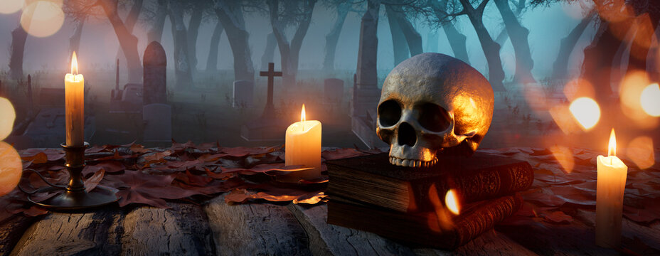 Seasonal Banner with Skull and Candles in a Eerie Graveyard. Halloween concept.