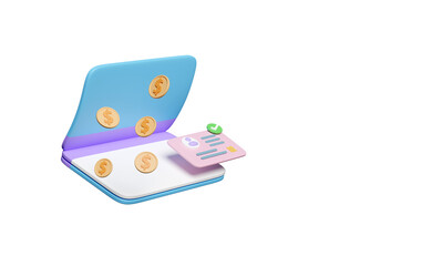 3d open a bank account with proof of ID card, passbook, dollar money coins isolated. 3d render illustration