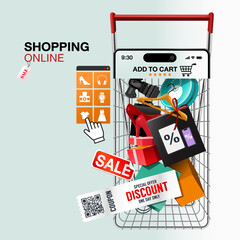 Shopping Online on Website or Mobile Application Vector Concept Marketing and Digital marketing.Online shopping store with mobile phone , credit cards and shop elements.Vector illustration