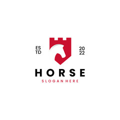 Fototapeta na wymiar Royal Horse on Shield with castle logo design retro vintage