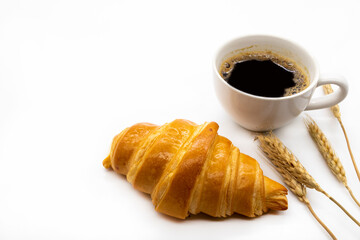 hot coffee espresso with croissant dessert snack arrangement in autumn season flat lay style on background white 