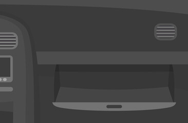 Close-up of car dashboard with opened glove compartment. Empty vehicle glove box. Flat vector illustration template.
