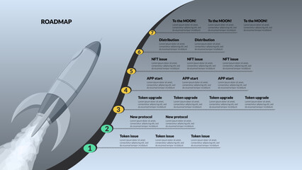 Roadmap with space shuttle and sections on silver background. Infographic timeline template for business presentation. Vector.