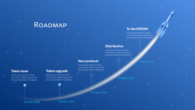 Roadmap with flying spacecraft with long trail in starry sky on blue background. Timeline infographic template for business presentation. Vector.