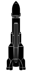 Black silhouette space rocket with elongated body isolated on white. Design element.