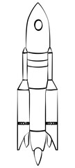 Black outline space rocket with flame from nozzles isolated on white. Design element.