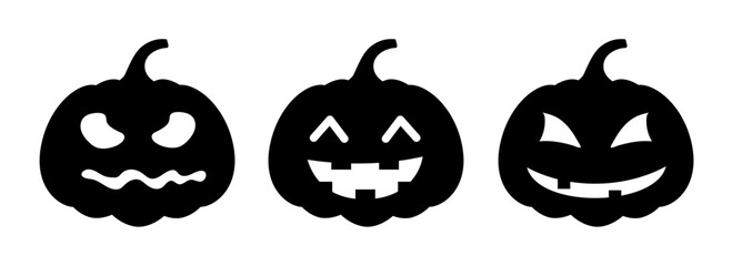 Set of halloween pumpkins, different faces on white background. silhouette pumpkin with smile for holiday Halloween.