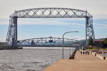 Aerial lift bridge landmark near Duluth Minnesota a port city on Lake Superior