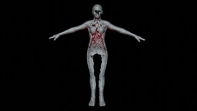Programmable matter forming body of human. Claytronics , catoms. Cluster of spheres morphing transforming into woman.Nanospheres , nanorobots organize into nanosuit.3d render illustration. VIew 2