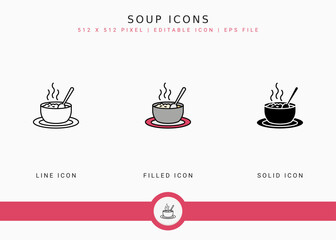 Soup icons set vector illustration with solid icon line style. Hot bowl concept. Editable stroke icon on isolated background for web design, user interface, and mobile application