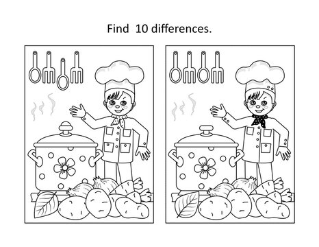 Find 10 differences visual puzzle and coloring page with little chef
