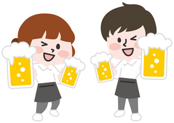 ビールを持つ飲食店で働く男性と女性スタッフ